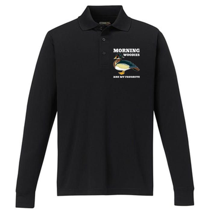 Morning Woody My Favorite Duck Hunting Funny Hunter Performance Long Sleeve Polo