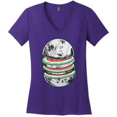 Moon Watermelon Women's V-Neck T-Shirt