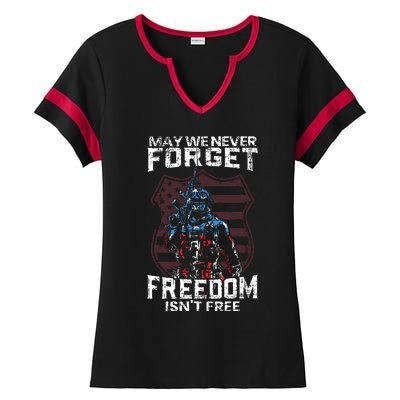 May We Never Forget Freedom Isnt Free Usa Flag Memorial Day Ladies Halftime Notch Neck Tee