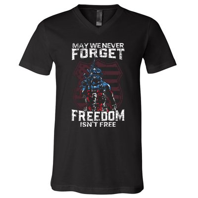 May We Never Forget Freedom Isnt Free Usa Flag Memorial Day V-Neck T-Shirt