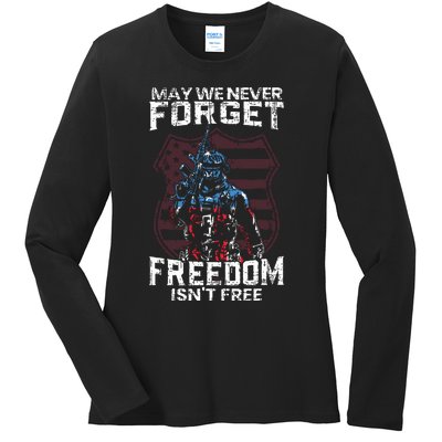 May We Never Forget Freedom Isnt Free Usa Flag Memorial Day Ladies Long Sleeve Shirt