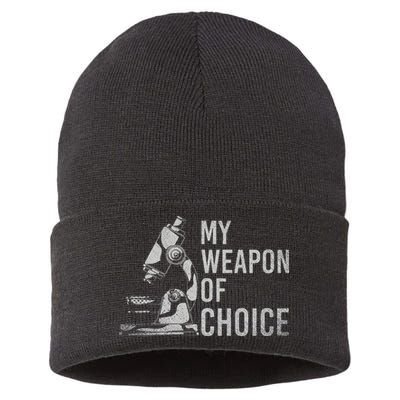My Weapon Of Choice Funny Tech Medical Laboratory Scientist Sustainable Knit Beanie