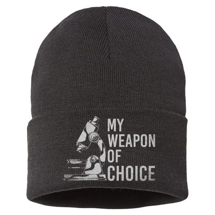 My Weapon Of Choice Funny Tech Medical Laboratory Scientist Sustainable Knit Beanie