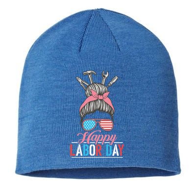 Mom Worker Patriotic Laborer Messy Hair Bun Happy Labor Day Great Gift Sustainable Beanie