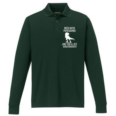 Mess With Papasaurus And Youll Get Jurasskicked Funny Dad Gift Performance Long Sleeve Polo