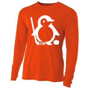 Minimalist White Penguin Silhouette Ice Hockey Player Cooling Performance Long Sleeve Crew