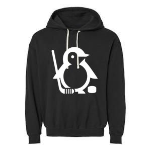 Minimalist White Penguin Silhouette Ice Hockey Player Garment-Dyed Fleece Hoodie