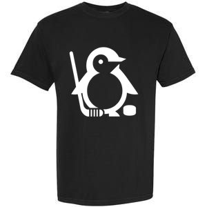 Minimalist White Penguin Silhouette Ice Hockey Player Garment-Dyed Heavyweight T-Shirt