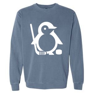 Minimalist White Penguin Silhouette Ice Hockey Player Garment-Dyed Sweatshirt