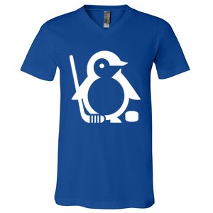 Minimalist White Penguin Silhouette Ice Hockey Player V-Neck T-Shirt