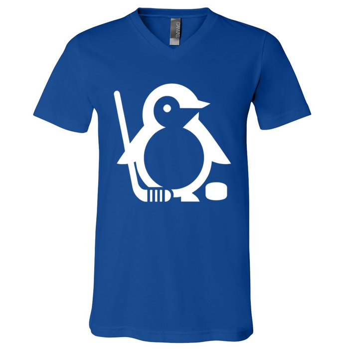 Minimalist White Penguin Silhouette Ice Hockey Player V-Neck T-Shirt