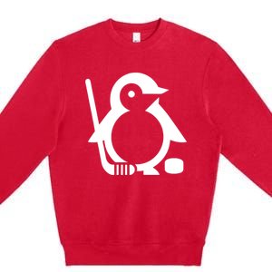 Minimalist White Penguin Silhouette Ice Hockey Player Premium Crewneck Sweatshirt