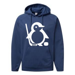 Minimalist White Penguin Silhouette Ice Hockey Player Performance Fleece Hoodie