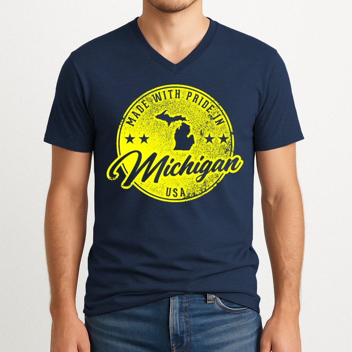 Made With Pride In Michigan USA Retro V-Neck T-Shirt