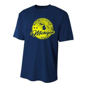 Made With Pride In Michigan USA Retro Youth Performance Sprint T-Shirt