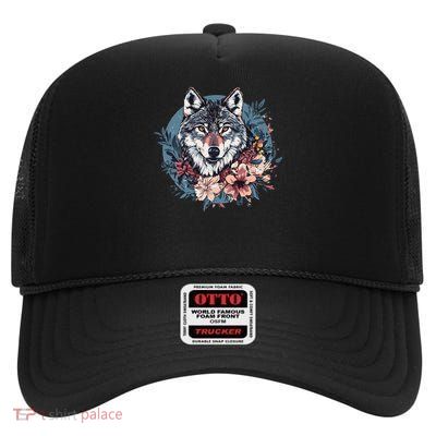 Majestic Wolf Portrait With Floral Accents High Crown Mesh Back Trucker Hat