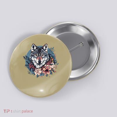 Majestic Wolf Portrait With Floral Accents Button