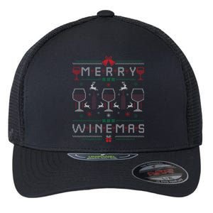 Merry Winemas Red Wine Ugly Christmas Sweater For Wine Lover Gift Flexfit Unipanel Trucker Cap