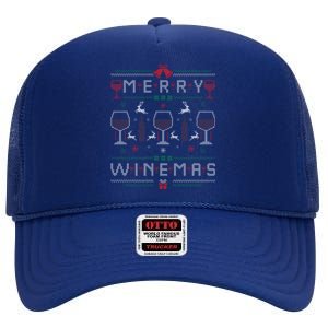 Merry Winemas Red Wine Ugly Christmas Sweater For Wine Lover Gift High Crown Mesh Back Trucker Hat