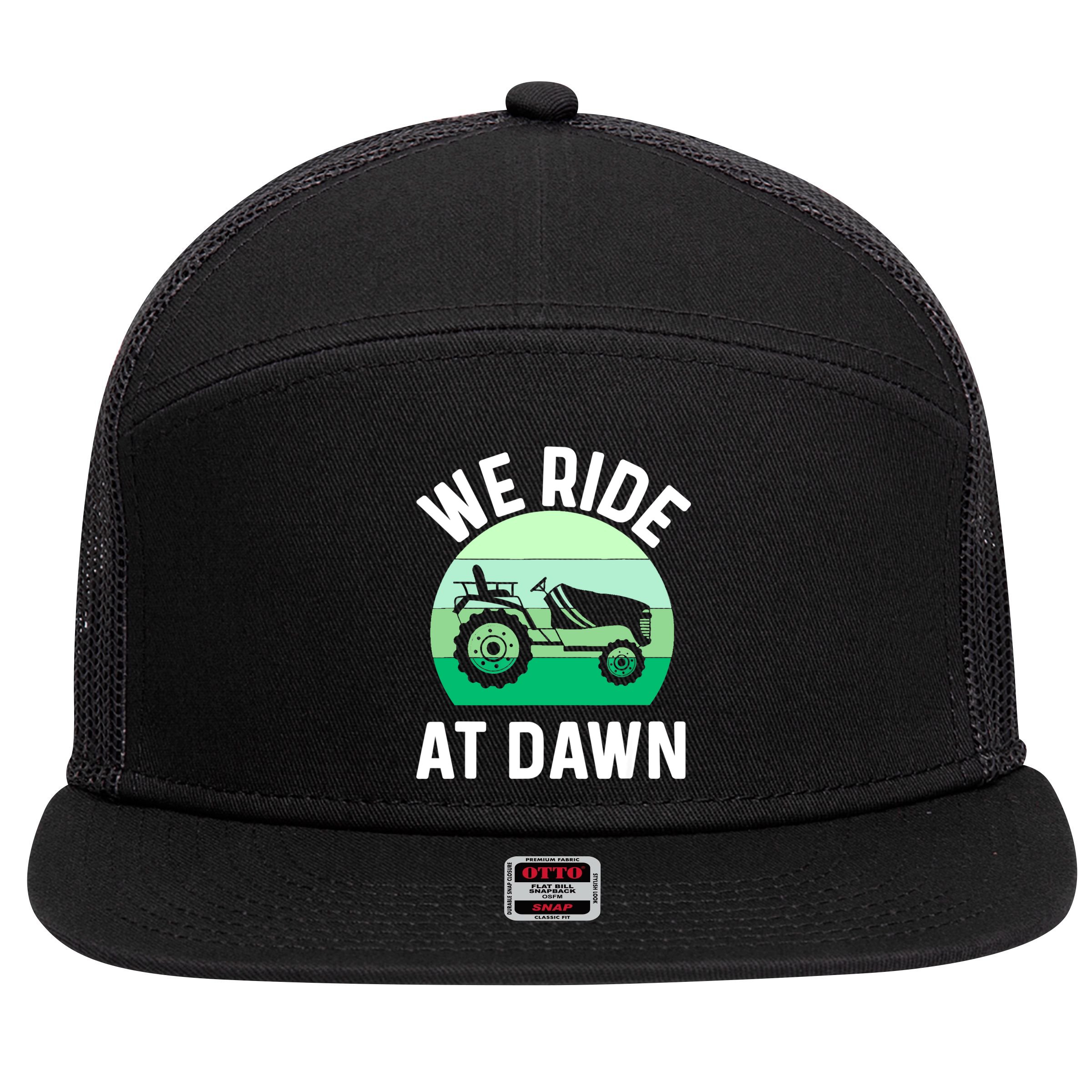 Mens We Ride At Dawn Lawnmower Shirt Lawn Mowing Dad Yard Work 7 Panel Mesh Trucker Snapback Hat