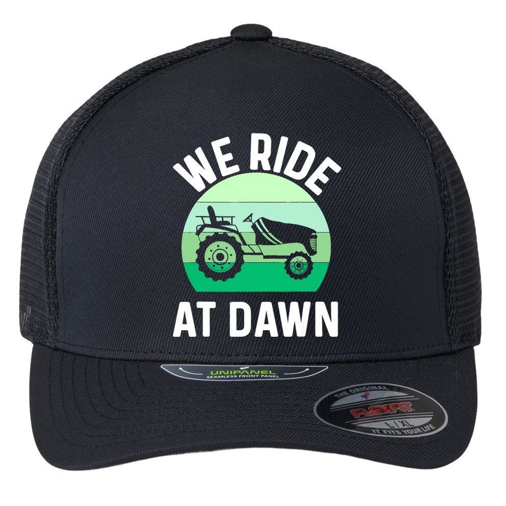 Mens We Ride At Dawn Lawnmower Shirt Lawn Mowing Dad Yard Work Flexfit Unipanel Trucker Cap