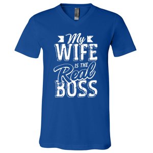 My Wife Real Boss Husband Wedding Anniversary Couple Gift V-Neck T-Shirt