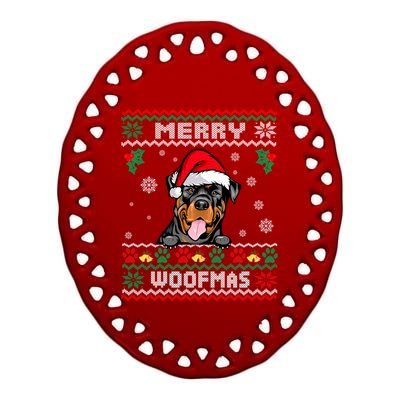 Merry Woofmas Rottweiler Dog Funny Ugly Christmas Sweater Gift Ceramic Oval Ornament