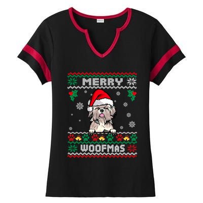 Merry Woofmas Shih Tzu Dog Funny Ugly Christmas Sweater Gift Ladies Halftime Notch Neck Tee