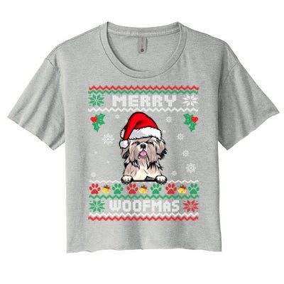 Merry Woofmas Shih Tzu Dog Funny Ugly Christmas Sweater Gift Women's Crop Top Tee