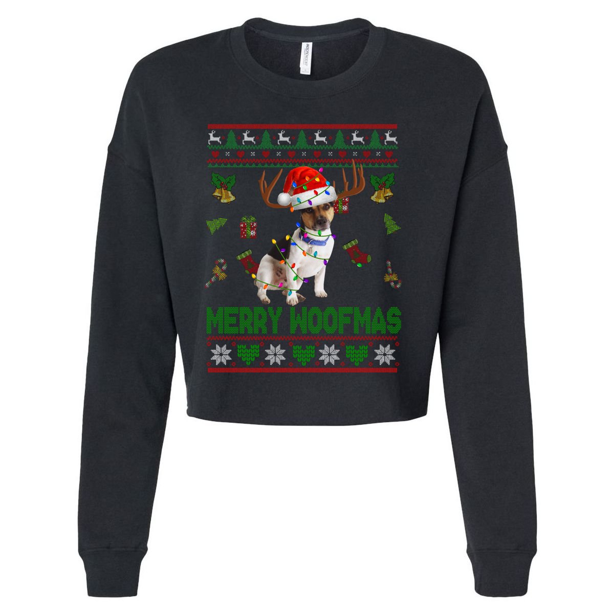 Merry Woofmas Santa Reindeer Rat Terrier Dog Gift Cropped Pullover Crew