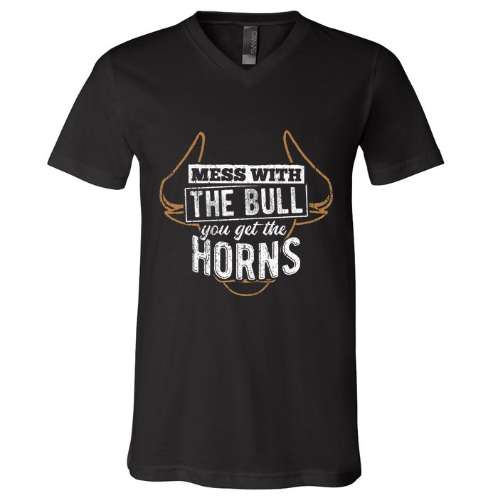 Mess With The Bull You Get The Horns Bullfighter Longhorn V-Neck T-Shirt