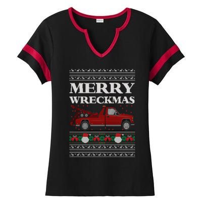 Merry Wreckmas Tow Truck Driver Ugly Christmas Gift Ladies Halftime Notch Neck Tee