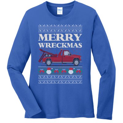 Merry Wreckmas Tow Truck Driver Ugly Christmas Gift Ladies Long Sleeve Shirt