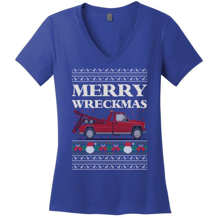 Merry Wreckmas Tow Truck Driver Ugly Christmas Gift Women's V-Neck T-Shirt