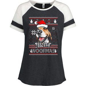 Merry Woofmas Tricolor Beagle Dog Santa Ugly Christmas Enza Ladies Jersey Colorblock Tee