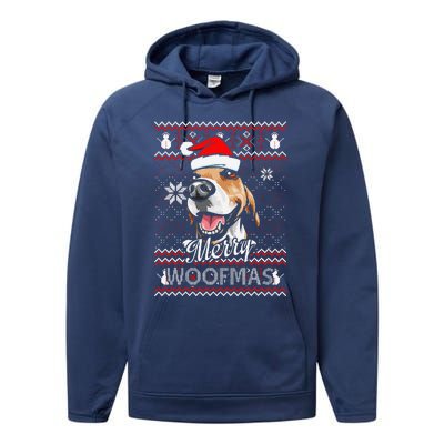 Merry Woofmas Tricolor Beagle Dog Santa Ugly Christmas Performance Fleece Hoodie