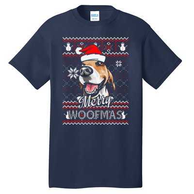 Merry Woofmas Tricolor Beagle Dog Santa Ugly Christmas Tall T-Shirt