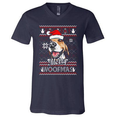 Merry Woofmas Tricolor Beagle Dog Santa Ugly Christmas V-Neck T-Shirt