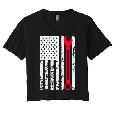 Mechanic Workshop Tools USA Flag Repairman Gift Women's Crop Top Tee