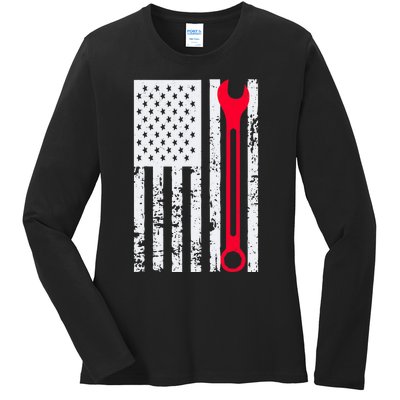 Mechanic Workshop Tools USA Flag Repairman Gift Ladies Long Sleeve Shirt