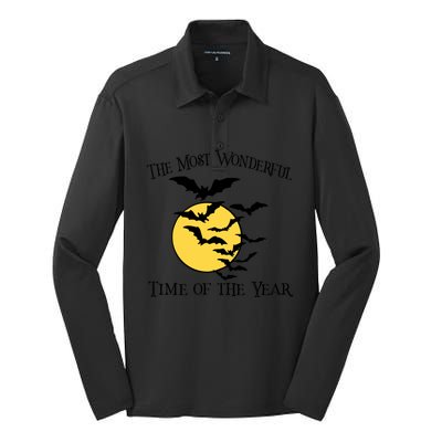 Most Wonderful Time Of Year Funny Halloween Quote Bats Moon Meaningful Gift Silk Touch Performance Long Sleeve Polo