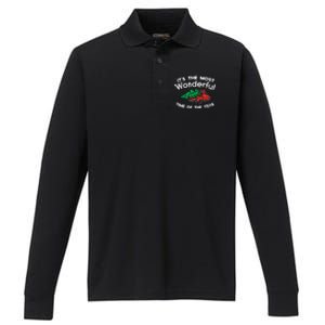 Most Wonderful Time Of Year Truck Xmas Tree Christmas PJ Performance Long Sleeve Polo