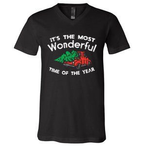 Most Wonderful Time Of Year Truck Xmas Tree Christmas PJ V-Neck T-Shirt