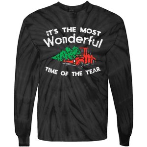 Most Wonderful Time Of Year Truck Xmas Tree Christmas PJ Tie-Dye Long Sleeve Shirt