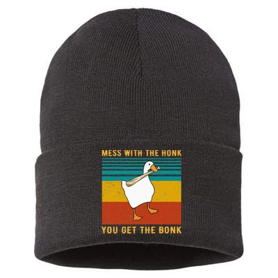 Mess With The Honk You Get The Bonk Funny Duck Goose Sustainable Knit Beanie