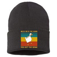 Mess With The Honk You Get The Bonk Funny Duck Goose Sustainable Knit Beanie