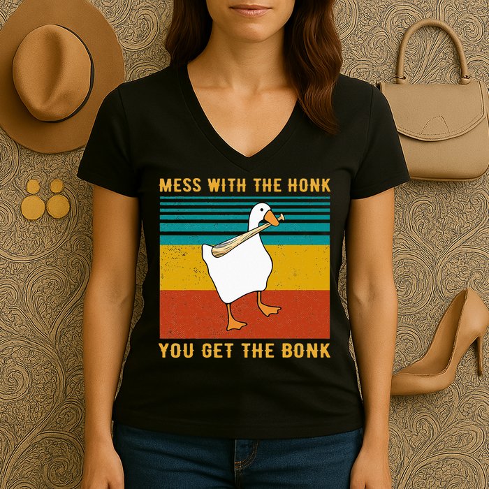 Mess With The Honk You Get The Bonk Funny Duck Goose Women's V-Neck T-Shirt