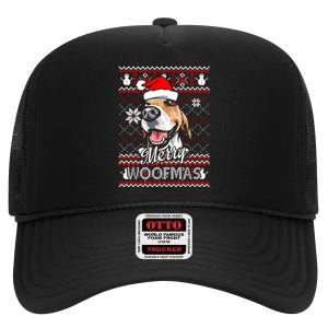 Merry Woofmas Tricolor Beagle Dog Santa Ugly Christmas High Crown Mesh Back Trucker Hat