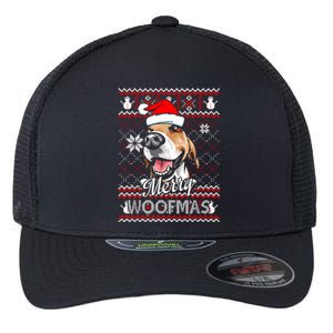 Merry Woofmas Tricolor Beagle Dog Santa Ugly Christmas Flexfit Unipanel Trucker Cap