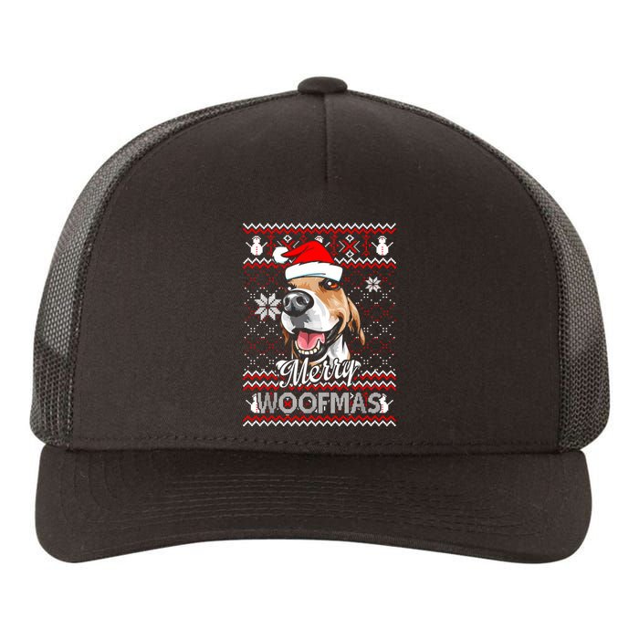 Merry Woofmas Tricolor Beagle Dog Santa Ugly Christmas Yupoong Adult 5-Panel Trucker Hat